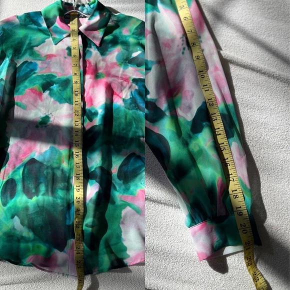 SOLD Zara Flowing Green Pink Floral Sheer Long Sleeve Blouse Small - Picture 14 of 16